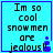 Four identical pixelated blue squares with black text reading "Im so cool snowmen are jealous!" and a small purple snowman icon on the right side.