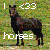 Static pixel art of a black horse standing against a green and brown patterned background with white text reading 'horses' at the bottom.