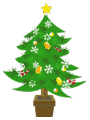 Green Christmas tree with yellow star, white snowflakes, yellow and red ornaments in brown pot on gray background.