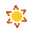 A circular yellow sun with green dots surrounded by six orange arrows in a star pattern, changing color across frames.