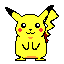 Pixelated yellow cartoon character with black-tipped ears, red cheek circles, and a lightning-bolt tail on gray background.