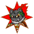 pixel art icons featuring a gray cat-like creature with green eyes and a red starburst background, transitioning to a yellow sun symbol with orange accents