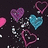 Pixelated heart-shaped icons in pink, purple, and cyan on a dark background with scattered white dots.