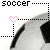 Pixelated image with 'soccer' text, pink heart symbol, and partial grayscale figure against white background.