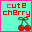 Pixelated 'cute cherry' text above two red cherries with green stems on a cyan background, framed by pink border.