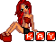 Pixelated character with long red hair in a crouched pose holding a red box, with orange blocks displaying 'KAY' text below.