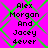 Pixelated text reads 'Alex Morgan And Jacey Dever' on a bright pink background with green diamond-shaped lines, repeated in a pattern