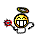 A pixelated animated buddy icon featuring a yellow circular character with a wide open mouth, holding a red and blue ball on the left side of its body, shown in two sequential frames where the right arm changes position.