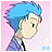 Pixelated anime-style character with blue hair and light skin, wearing a dark outfit with white collar, against pink gradient background with scattered light squares.