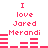 Pixelated red text on white background reads 'I love Jared Merandi' with horizontal bar patterns below, two identical static frames shown side-by-side.