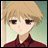 Pixelated anime-style character with blonde hair and brown eyes wearing a red collared shirt, next to stylized text on black background.