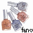 Pixelated icon of three nail polish bottles with a bow, featuring 'fano' text and heart symbol that changes from black to red.
