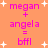 Pixelated pink text on orange background with white stars, showing 'megan + angela = bffl' in two identical vertical