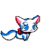 Pixelated cartoon fox with blue and white fur, pink inner ears, and a red bow, shown in six sequential poses against a gray background.