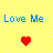 Yellow background with blue text 'Love Me' and 'Take me away', two red pixel hearts, black-and-white landscape image on right side.