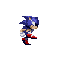 Six pixel-art frames of a blue hedgehog character in running motion against gray background, showing sequential stride positions with red shoes and white gloves.