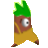 Pixelated character with green spiky hair, brown face, single large eye, and yellow lower body standing against gray background.