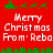 Red background with green pixelated borders and text reading 'Merry Christmas From Reba' in white pixelated font, repeated in two with sleigh and reindeer motifs above and below each