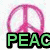 A pink peace symbol above green text reading "PEAC" with a person below, and a partial yellow "Lo" on the right.