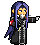 Pixel art character with long purple hair, black coat, red armband, and white scarf smoking a cigarette in multiple poses.