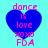 Four identical blue heart-shaped icons with pink text 'dance is love xoxo FDA' on a cyan background, arranged in two of two