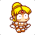 A 4x4 contact sheet of a pixel art character with blonde hair in a high ponytail, wearing brown and white armor-like clothing, displayed across multiple animation frames showing subtle pose changes.