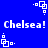 Blue background with white pixelated text 'Chelsea! Chelsea!' repeated twice, surrounded by small animated square icons.