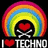 Pixelated rainbow arches over a red heart and crossed white bones, with 'I ❤️ TECHNO' text below on black background.