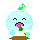 Pixelated light blue spherical character with closed eyes, holding a brown stick-like object and standing on a brown base under a floating musical note.