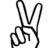 Black and white pixelated icon of a hand making a peace sign with two fingers extended upward, thumb visible on left side.