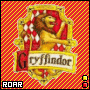Gryffindor crest with lion rampant on red and white shield, yellow border, 'Gryffindor' text on banner, red and yellow diagonal striped background, 'ROAR' text at bottom left, two small colored squares at bottom right.