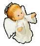 Two static angel figures with light brown hair, white wings, and golden halos stand side-by-side against a gray background.