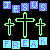 Pixelated icon set with green crosses and blue text blocks on black background, showing three of repeated patterns