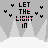 Pixel art animation of 'LET THE LIGHT IN' text over a snowy mountain landscape with changing background colors and floating heart shapes.