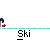 Pixelated animation of a character skiing across with repeated 'Ski' text below each frame