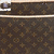 Brown background with repeating gold monogram pattern featuring interlocking L and V letters, four-pointed stars, and circular motifs.