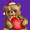 Brown teddy bear wearing red Santa hat with white trim holds red heart-shaped object against purple background.