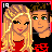 Pixel art contact sheet of an animated AIM buddy icon featuring a blonde woman and brown-haired man with Valentine's Day text phrases in pink on black backgrounds, framed by red borders.