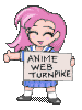 Pixelated character with pink hair holds a sign reading 'ANIME WEB TURNPIKE' while alternating between thumbs-up and peace gestures.