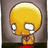 Pixelated yellow cartoon character with large white eyes, orange nose, and red lower body against gray background.
