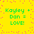 Yellow background with pink dots and green text reading 'Kayley + Dan = LOVE!' repeated four times in a