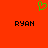 Green pixelated heart symbol above two black text instances of 'RYAN' on solid orange background.