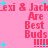 Pixelated pink background with cyan plus signs and repeated red text reading 'Lexi & Jack Are Best Buds !!!!' in a