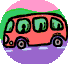 A cartoon bus and character animation showing a pink figure reading a newspaper inside a red vehicle with green windows.