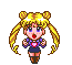 Pixel art animation of a character with blonde pigtails and a white bear-like figure with purple wings, showing sequential poses and effects.