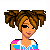 Pixel art contact sheet showing three frames of an animated character with brown pigtails, a colorful striped top, blue pants, and a flowing blue dress on white background.