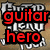 Pixelated image with red text overlays on a background featuring a guitar hero character, split into four quadrants with different text and background colors.