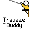 Animated contact sheet of a yellow stick figure performing trapeze tricks on a brown horizontal bar with white circular ball, displayed in 15 frames across a gray background.