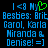 Blue pixelated text on black background reads 'I <3 My Besbes: Brit Garol, Karla Miranda & Denise! =]' with green heart symbol replacing 'love' in 'I <3 My'.