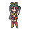 Pixel art character with red hair and green headpiece holding a large gray object in two poses against light gray background.